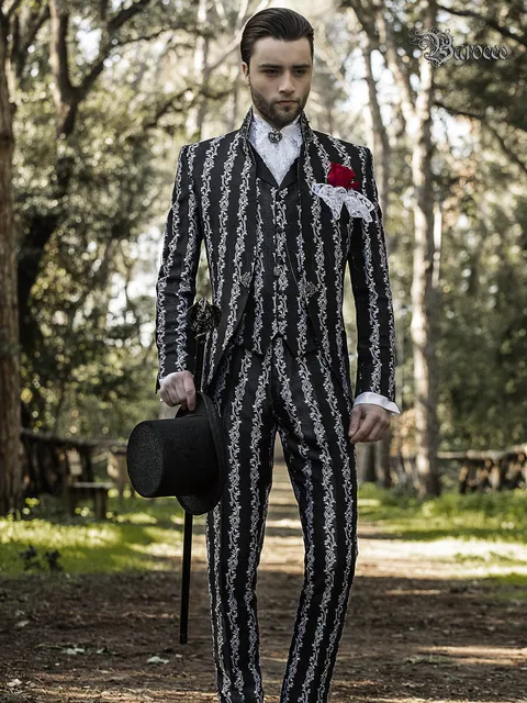 Men's mandarin collar suit baroque style in black and silver brocade