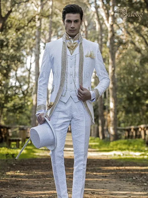 Groom suit baroque style in white with crystal and gold trimmings