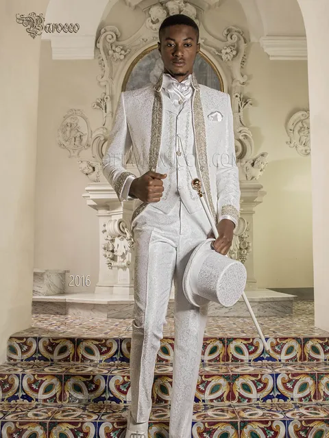Baroque groom suit in white brocade with crystal trimming