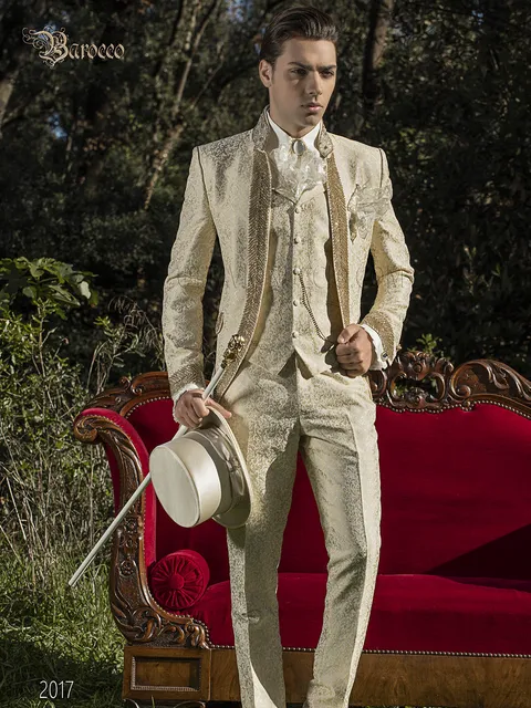 Groom suit in beige damask baroque style with gold rhinestones