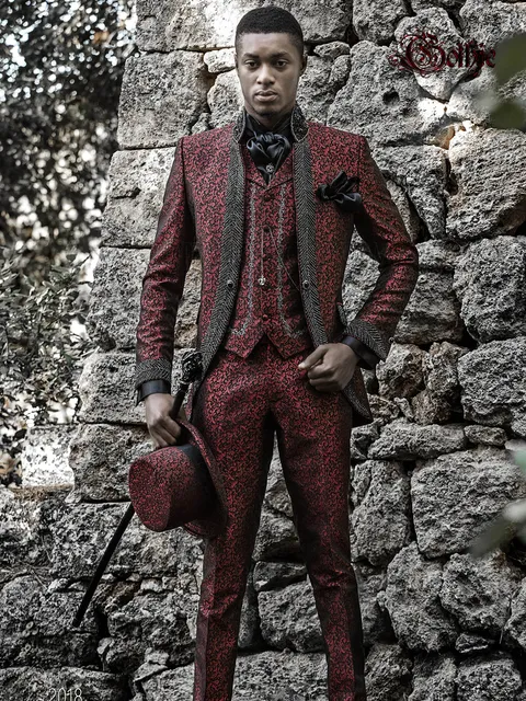 Gothic groom suit in red damask with smoked crystal rhinestones