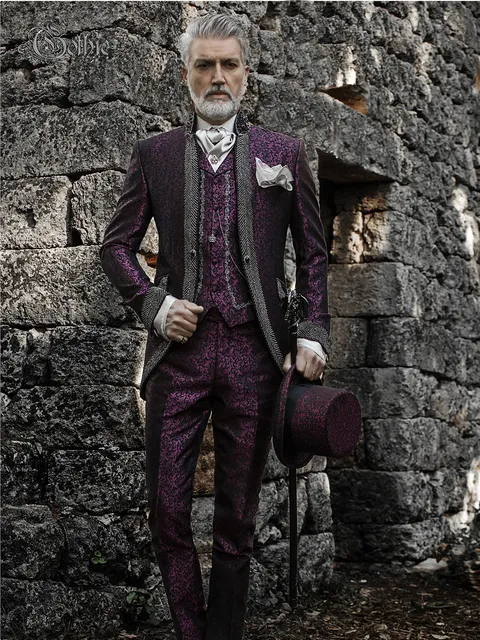 Gothic groom suit in plum damask with smoked crystal rhinestones