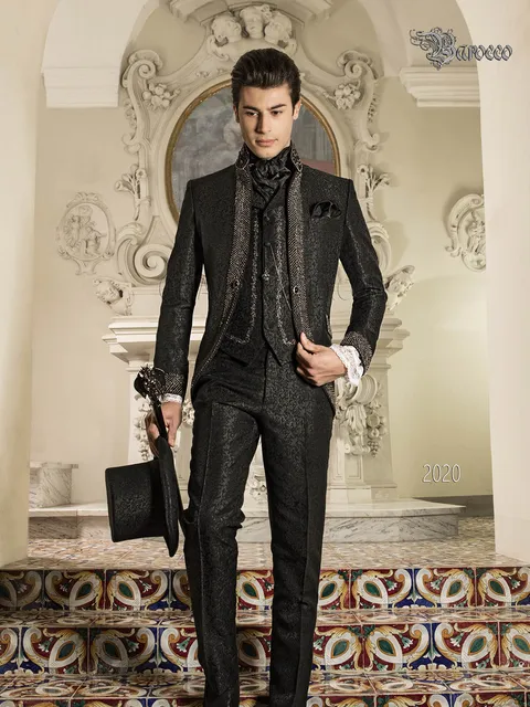 Baroque groom suit in black brocade with rhinestone trimming