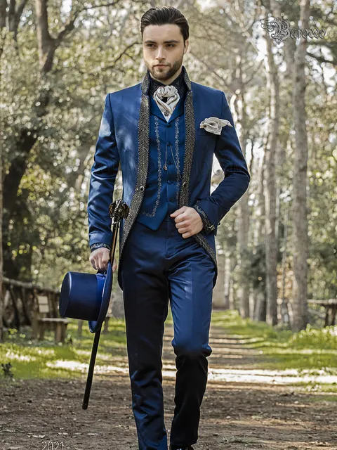 Suit baroque style in blue satin with smoked crystal trimmings