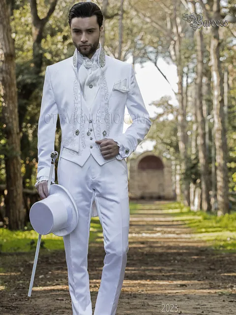 Baroque groom tailcoat in white satin with silver embroidery