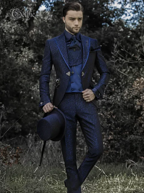 Groom suit in blue damask gothic style