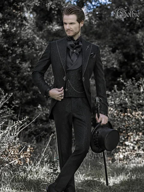 Gothic groom suit in black damask with crystal rhinestones on lapels