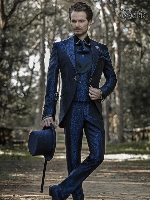 Groom suit in blue damask luxury gothic style