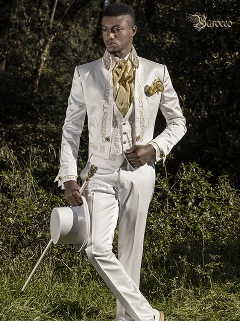 Groom tailcoat baroque style in white with gold embroidery