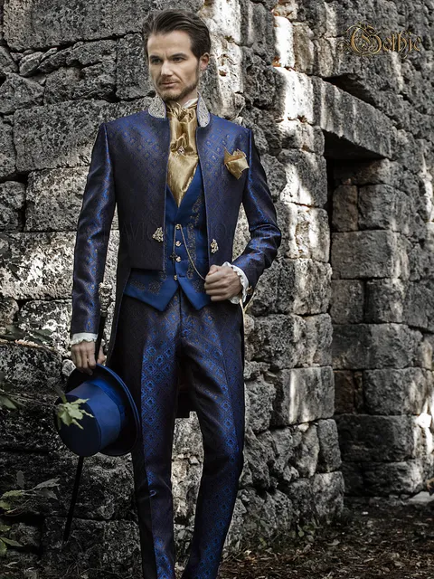 Tailcoat groom suit in blue brocade with trimmings on the collar