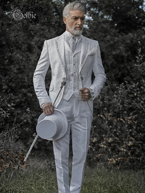 Abito sposo luxury damascato bianco ricamato argento