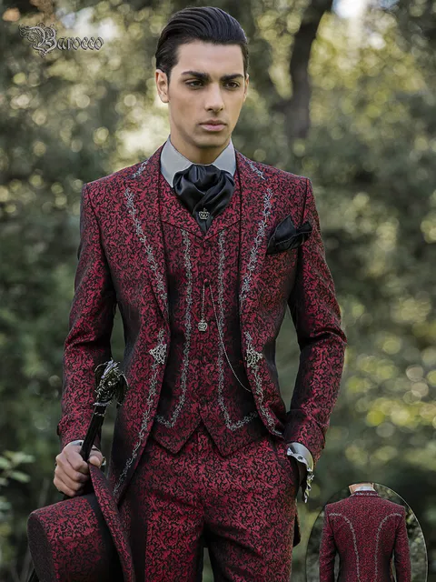 Men's damask suit in red baroque style with black-silver embroidery