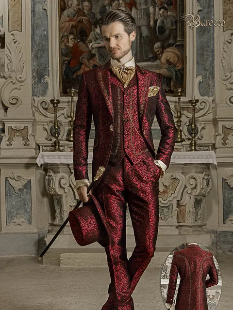 Baroque groom suit in red damask with gold embroidery