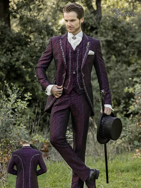 Groom suit in plum damask baroque style