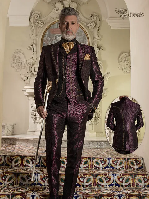 Baroque groom suit in plum damask with gold embroidery