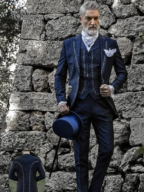 Luxury groom suit in blue damask with silver embroidery