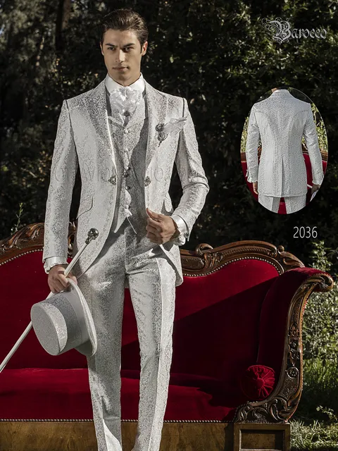 Pearl grey damask suit with silver embroidery for the groom
