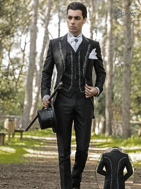 Groom suit in black damask with silver embroidery gothic style