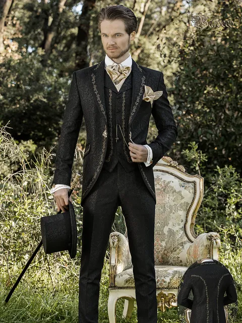 Groom suit in black damask baroque style with gold embroidery