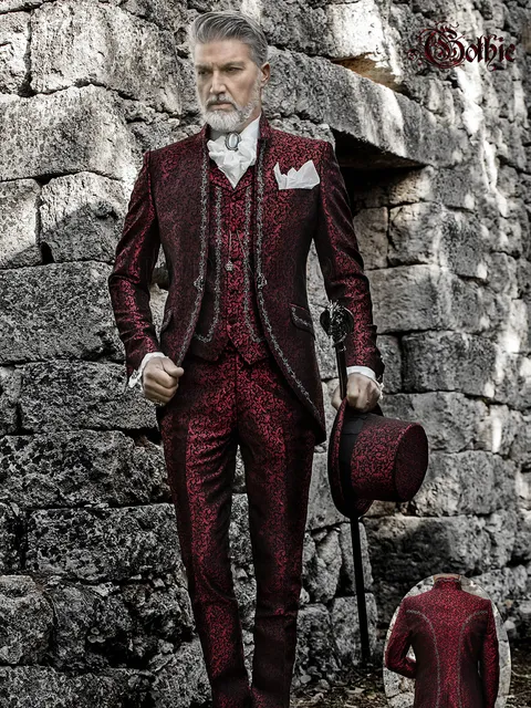 Luxury mandarin collar groom suit in red damask gothic style