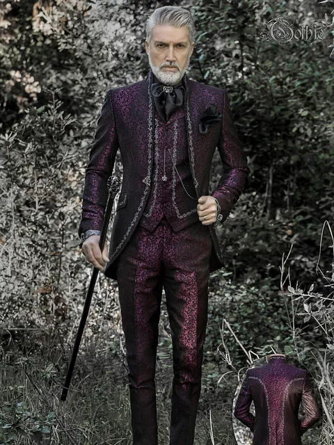 Mandarin collar groom suit in plum damask with black and silver embroidery