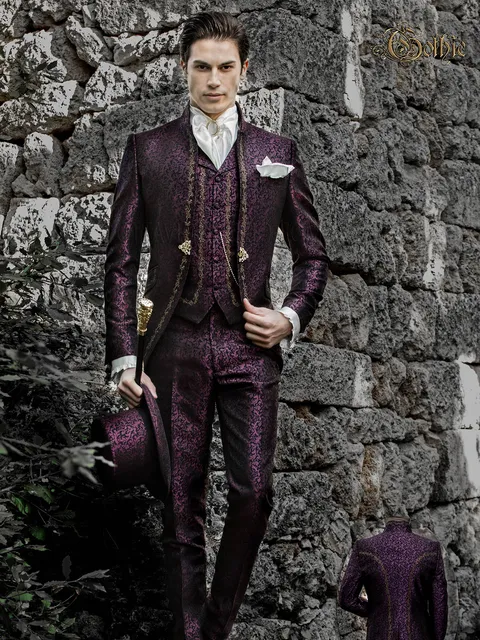 Mandarin collar groom suit in plum damask with gold frogging