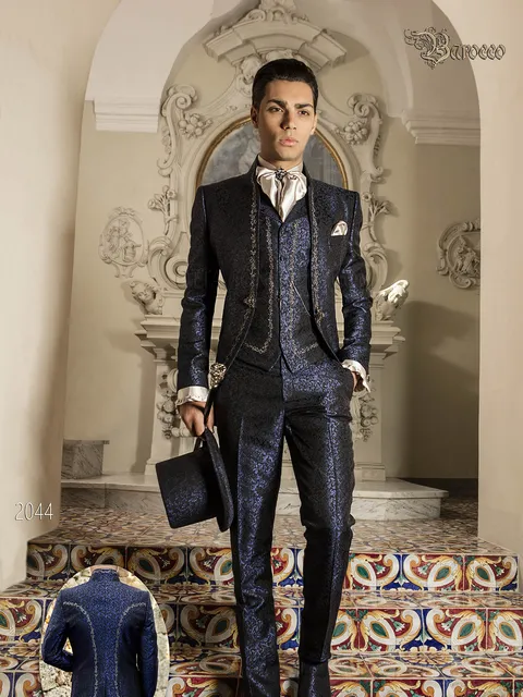 Blue damask suit for the groom baroque style