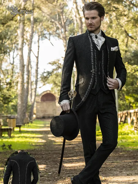 Mandarin collar groom suit in black damask with silver embroidery