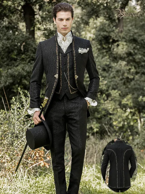 Suit with mandarin collar baroque style in black damask embroidered gold