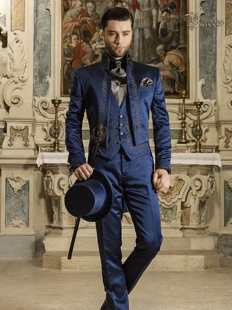 Groom tailcoat in blue baroque satin embroidered black-silver