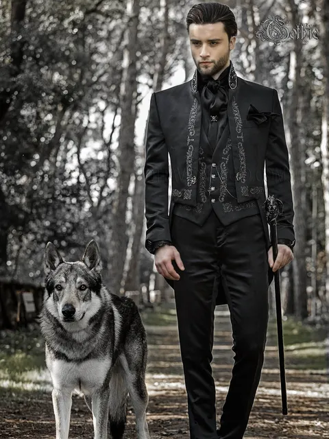 Tailcoat in black satin embroidered black-silver formal gothic style
