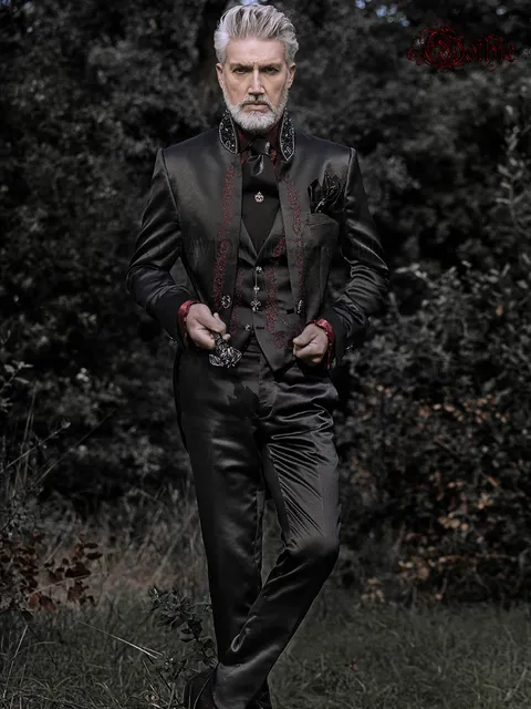 Tailcoat groom suit in luxury black satin with red embroidery