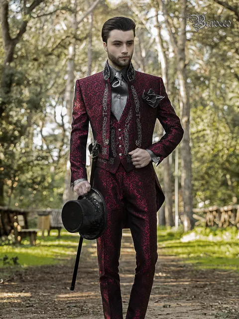 Baroque tailcoat in red damask with black-silver embroidery
