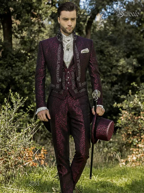 Groom tailcoat baroque style in plum embroidered silver