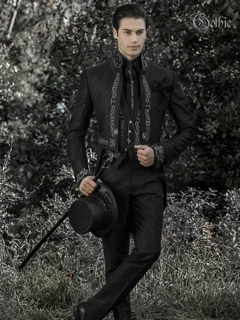 Gothic groom tailcoat in black damask embroidered black silver