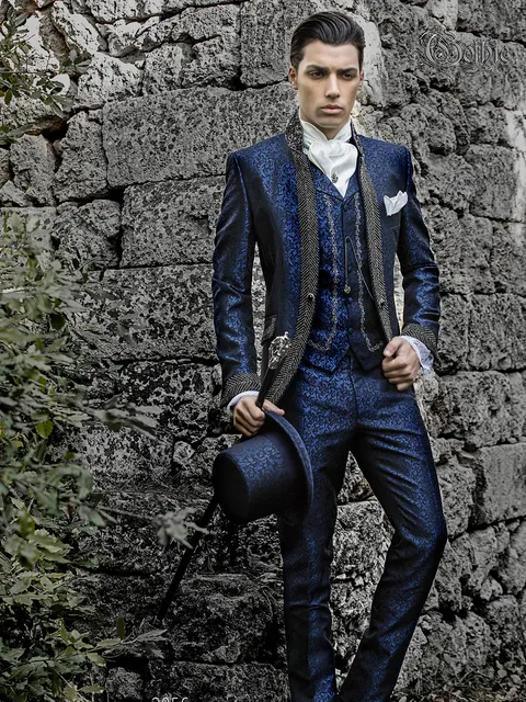 Men's suit with mandarin collar in blue damask with smoky crystal rhinestones