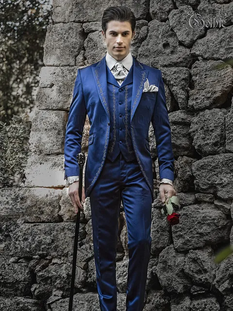 Luxury groom suit in electric blue satin with embroidery
