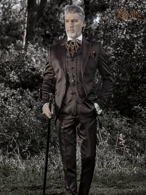 Groom suit with mandarin collar in plum damask embroidered silver