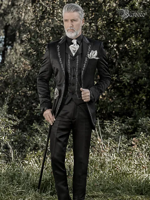 Groom suit in black satin embroidered black silver