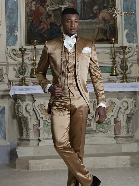 Groom suit in baroque gold satin with gold embroidery
