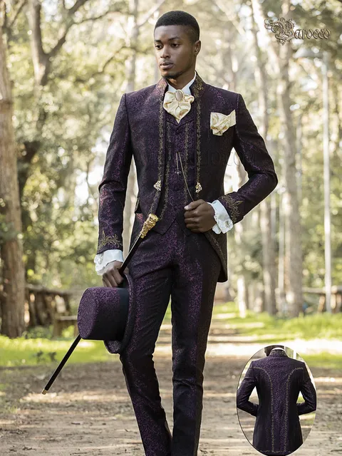 Princely groom suit redingote in plum damask embroidered gold
