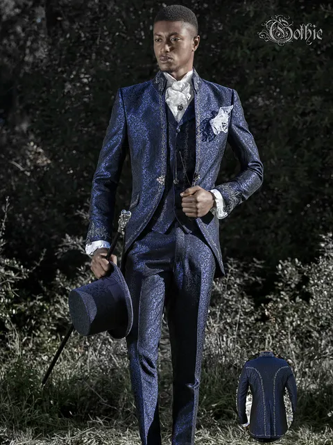 Groom suit baroque gothic style in blue embroidered silver