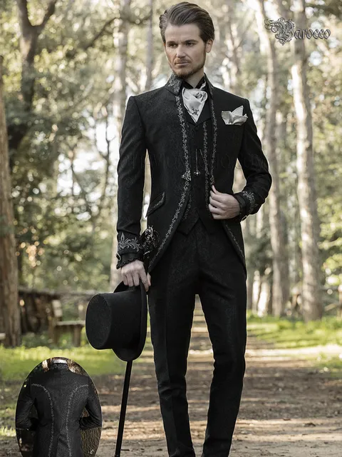 Groom suit in black damask embroidered silver baroque style