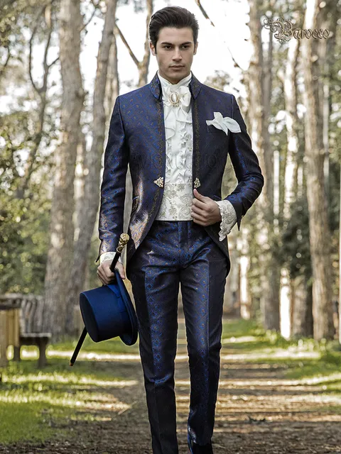 Baroque groom suit in blue brocade embroidered gold-black