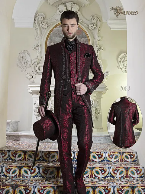 Princely groom suit in red damask with silver embroidery