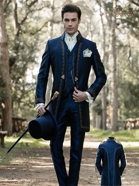 Groom suit baroque style in blue damask with gold embroidery