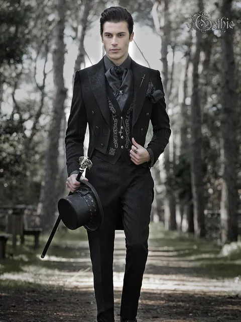 Luxury tailcoat groom suit in black damask
