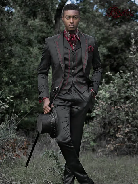 Groom suit in black satin embroidered red baroque gothic style