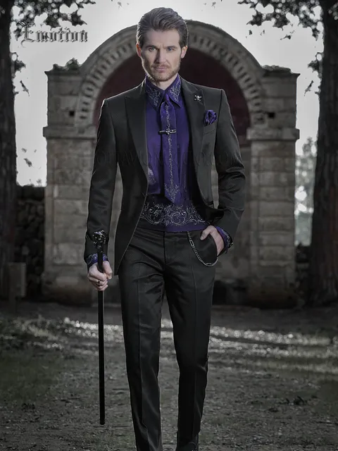 Black groom suit with purple shirt
