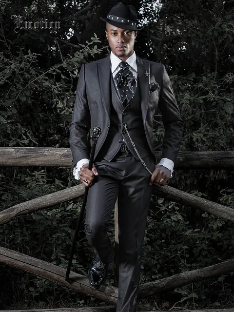 Men's glossy black hipster groom suit